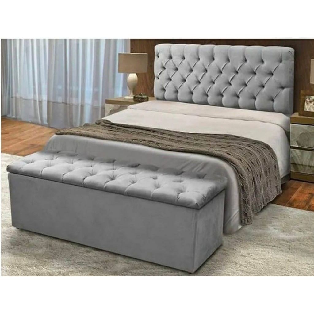 سرير سوبر كينج خشب كونتر و قماش قطيفة 205×180×120 سم - رمادي