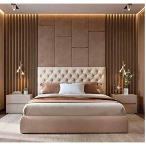 سرير سوبر كينج خشب كونتر و قماش قطيفة 205×180×120 سم - بيج
