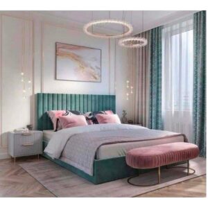 سرير كوين خشب كونتر و قماش قطيفة 205×150×120 سم - أخضر