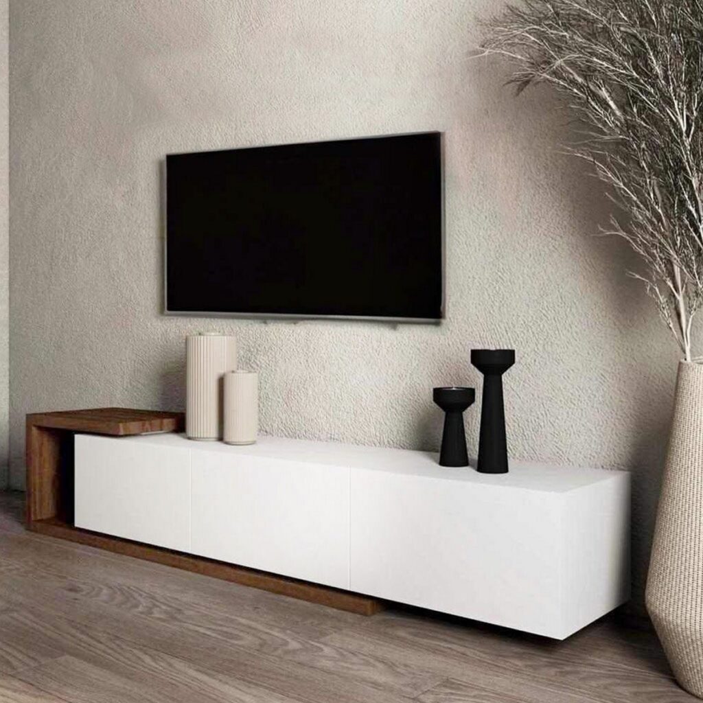 وحدة تلفزيون ام دي اف بني و أبيض - 35×160×32 سم
